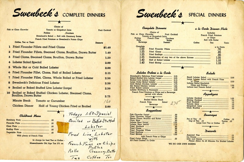Swenbeck's Shore Dinners Menu