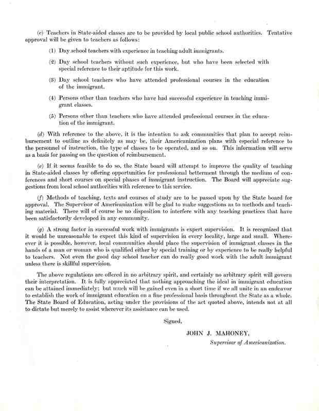 Department of University Extension Massachusetts Board of Education (Americanization Letter)