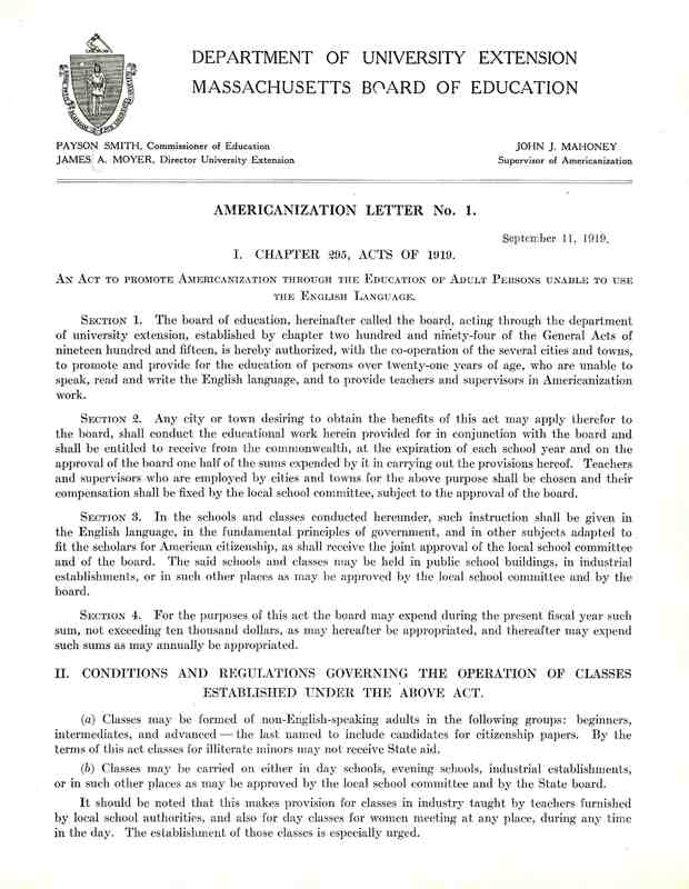 Department of University Extension Massachusetts Board of Education (Americanization Letter)